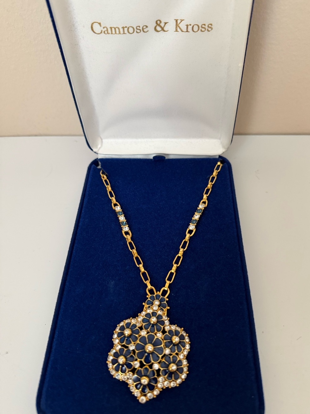 Camrose Kross Jacqueline Kennedy gold blue floral pendant brooch pin necklace